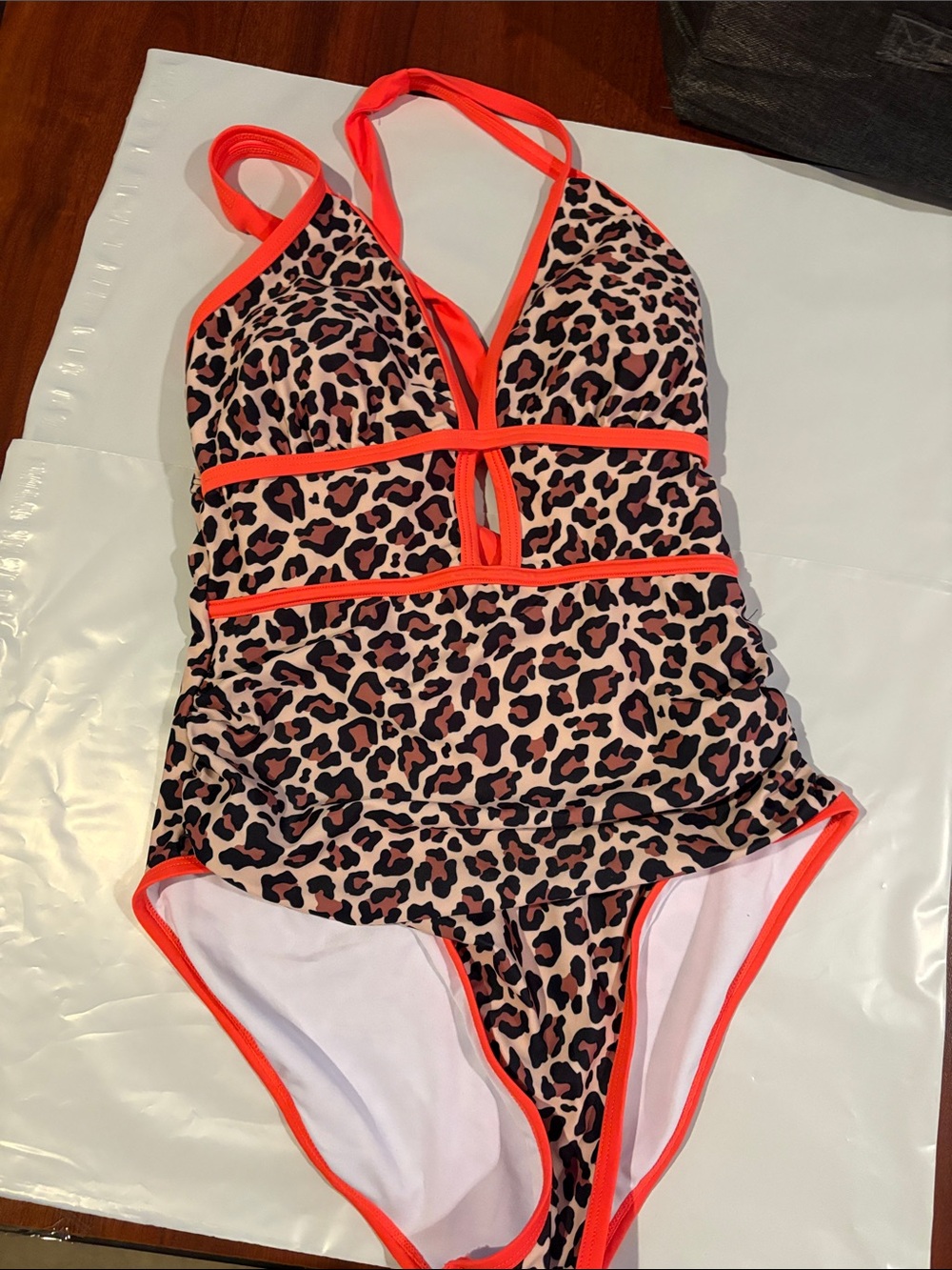 Women’s popvil  Leopard Print One-Piece Swimsuit with Neon Orange Trim -large